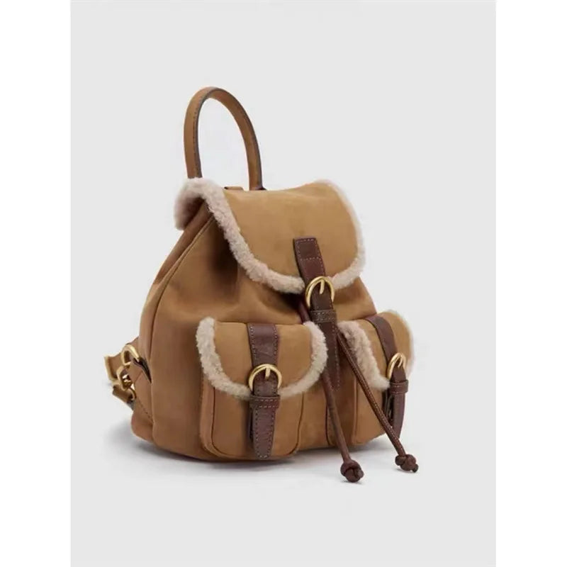 Retro Velvet Pocket Backpack Korean Indie Suede Casual Women’s Backpack New Autumn/Winter Style Versatile Patchwork School Bag