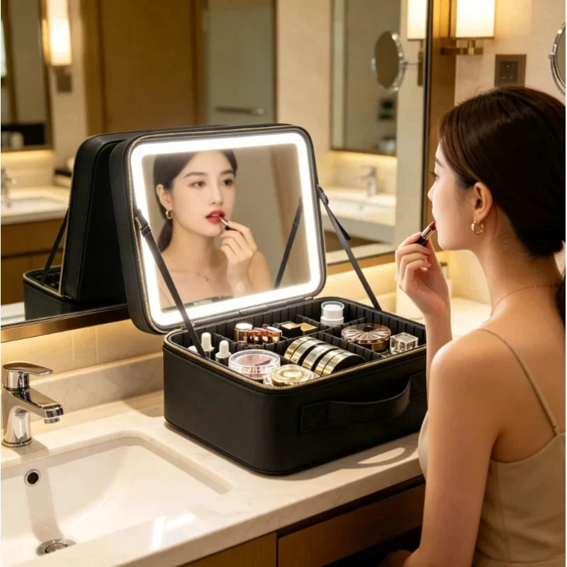 LED Lighted Makeup Bag with Mirror Large Capacity Travel Cosmetic Case Women Beauty Storage Organizer