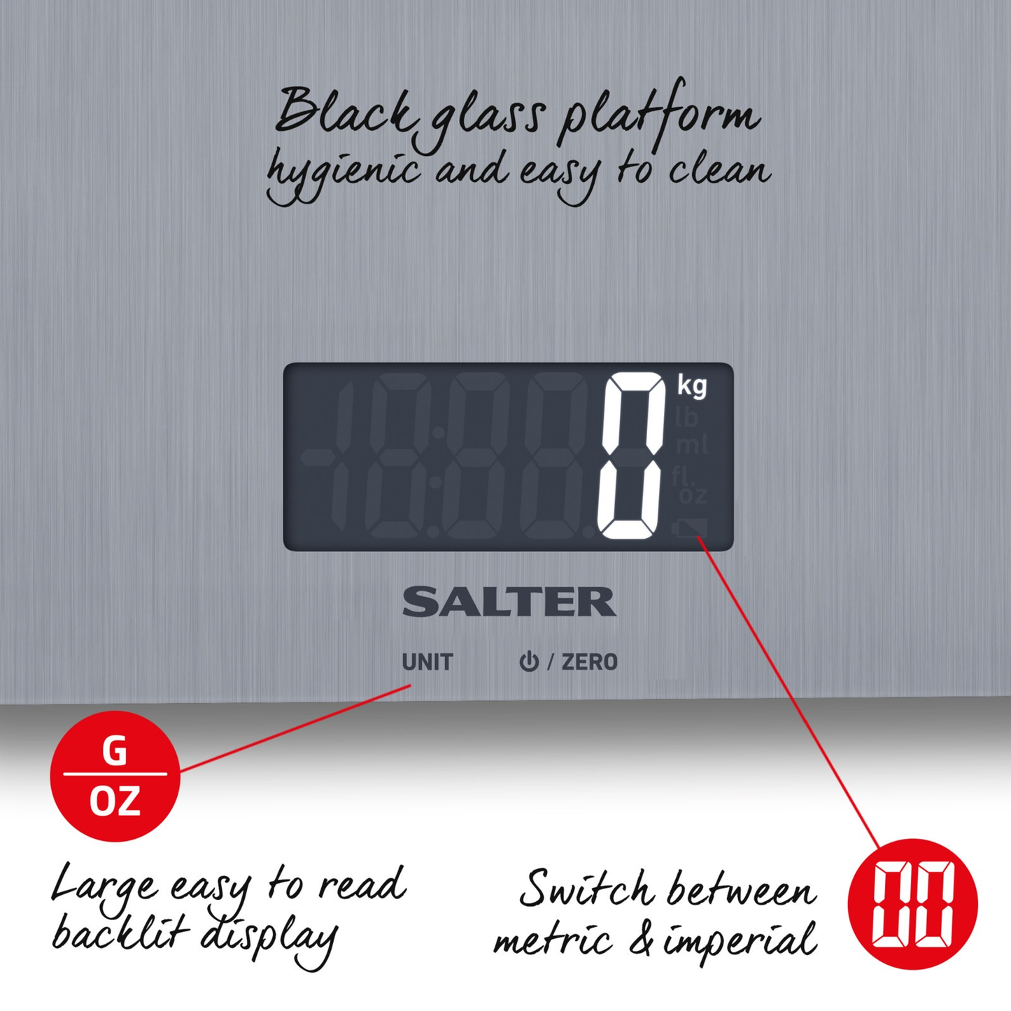 Salter Digital Kitchen Scale Brushed Stainless Steel Measures Food & Liquid 5Kg