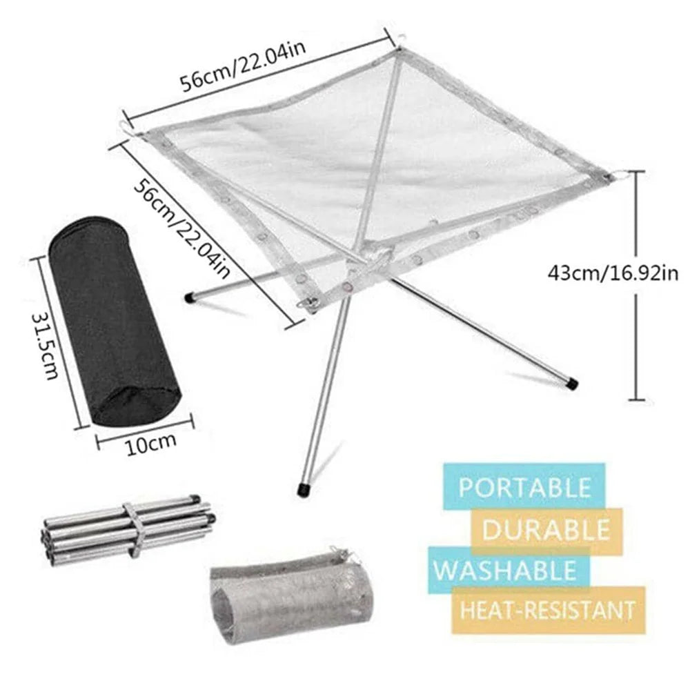 Portable Outdoor BBQ Bonfire Rack, BBQ Fire Pit Grill, Stainless Steel Mesh Fire Pit Wood Stove Stand, Foldable Fire Frame Rack