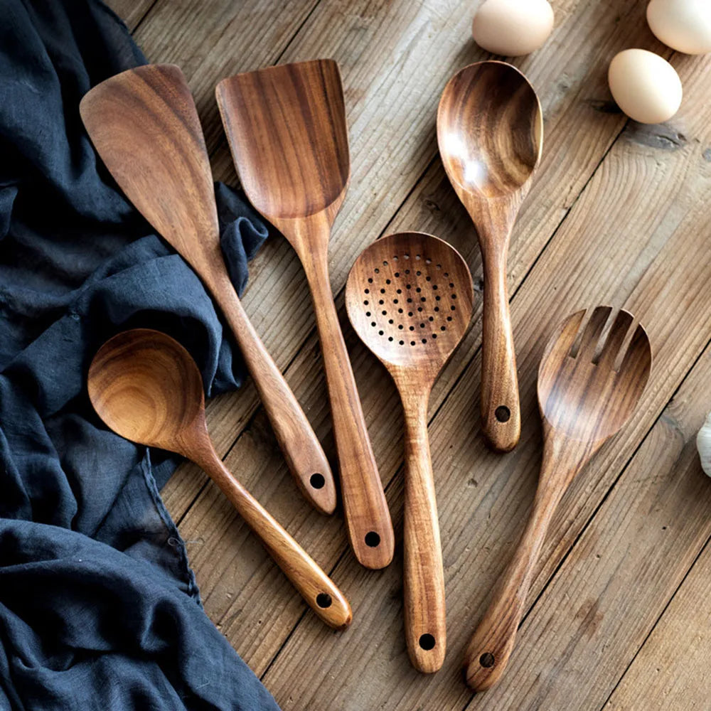 Wooden Kitchenware Cooking Shovels Spoon Colander Kitchen Utensils Set - Teak