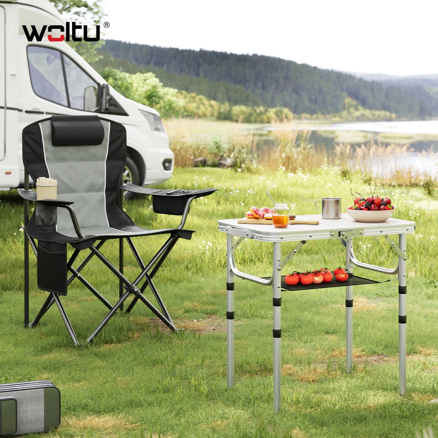 WOLTU Folding Table Height Adjustable Portable Table Top with Storage Net and Hooks for Picnic Garden Camping Outdoor