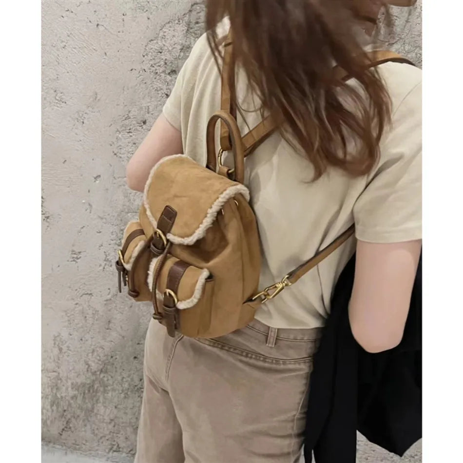 Retro Velvet Pocket Backpack Korean Indie Suede Casual Women’s Backpack New Autumn/Winter Style Versatile Patchwork School Bag