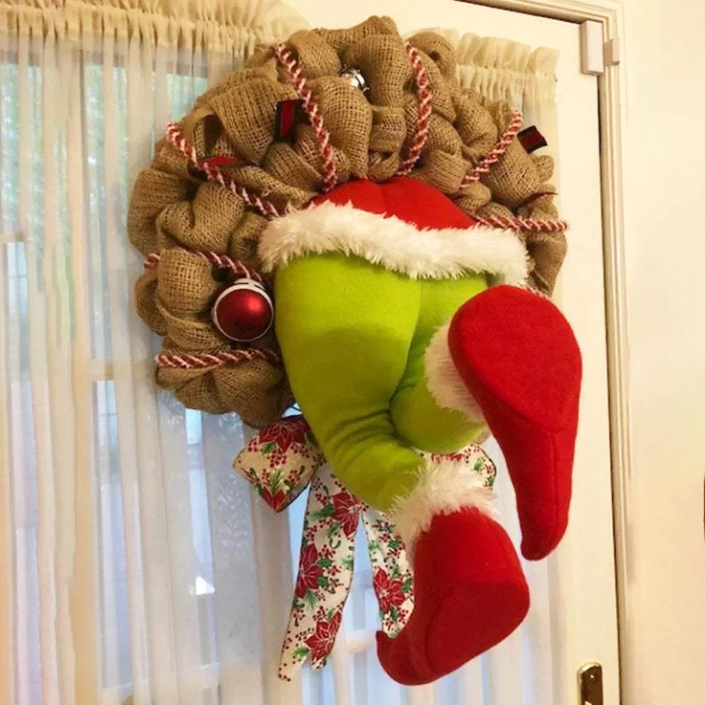 Grinch Leg Wreath Door Hanging - Creative Christmas Décor Plush "The Christmas Thief"