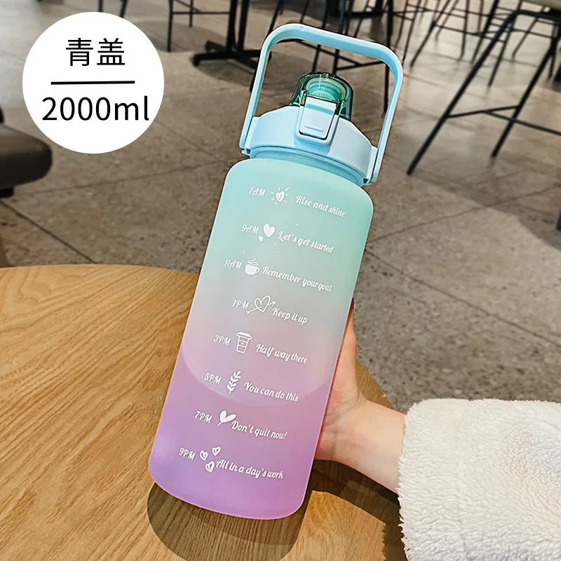 2000ML colourful Sports Water Bottle with Time Marker and Leak-proof Cup