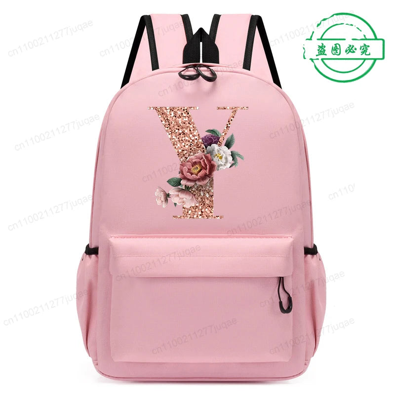 Cute Rose Gold Letter A~Z Kawaii Back To School Backpack for Girl Boy Children Rucksack Fashion Casual School Bags Birthday Gift