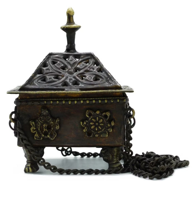Brass Tibetan Burner - Eight Symbols Square Hanging Pot