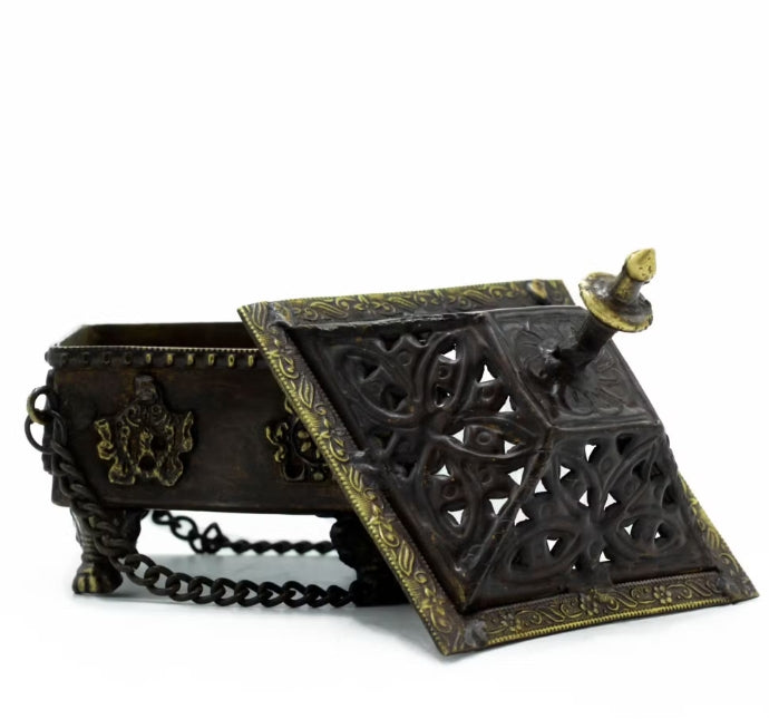 Brass Tibetan Burner - Eight Symbols Square Hanging Pot