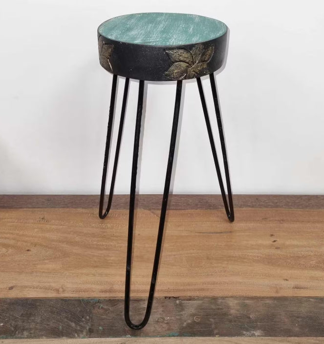 Albasia Wood Plant Stand - Turquoise & gold detail