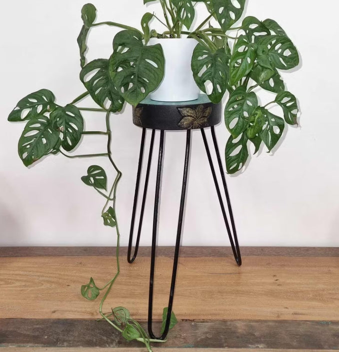 Albasia Wood Plant Stand - Turquoise & gold detail