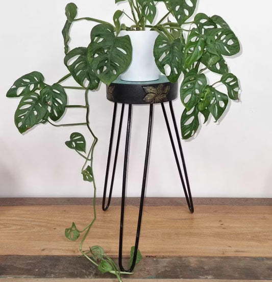 Albasia Wood Plant Stand - Turquoise & gold detail