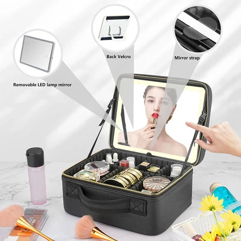 LED Lighted Makeup Bag with Mirror Large Capacity Travel Cosmetic Case Women Beauty Storage Organizer