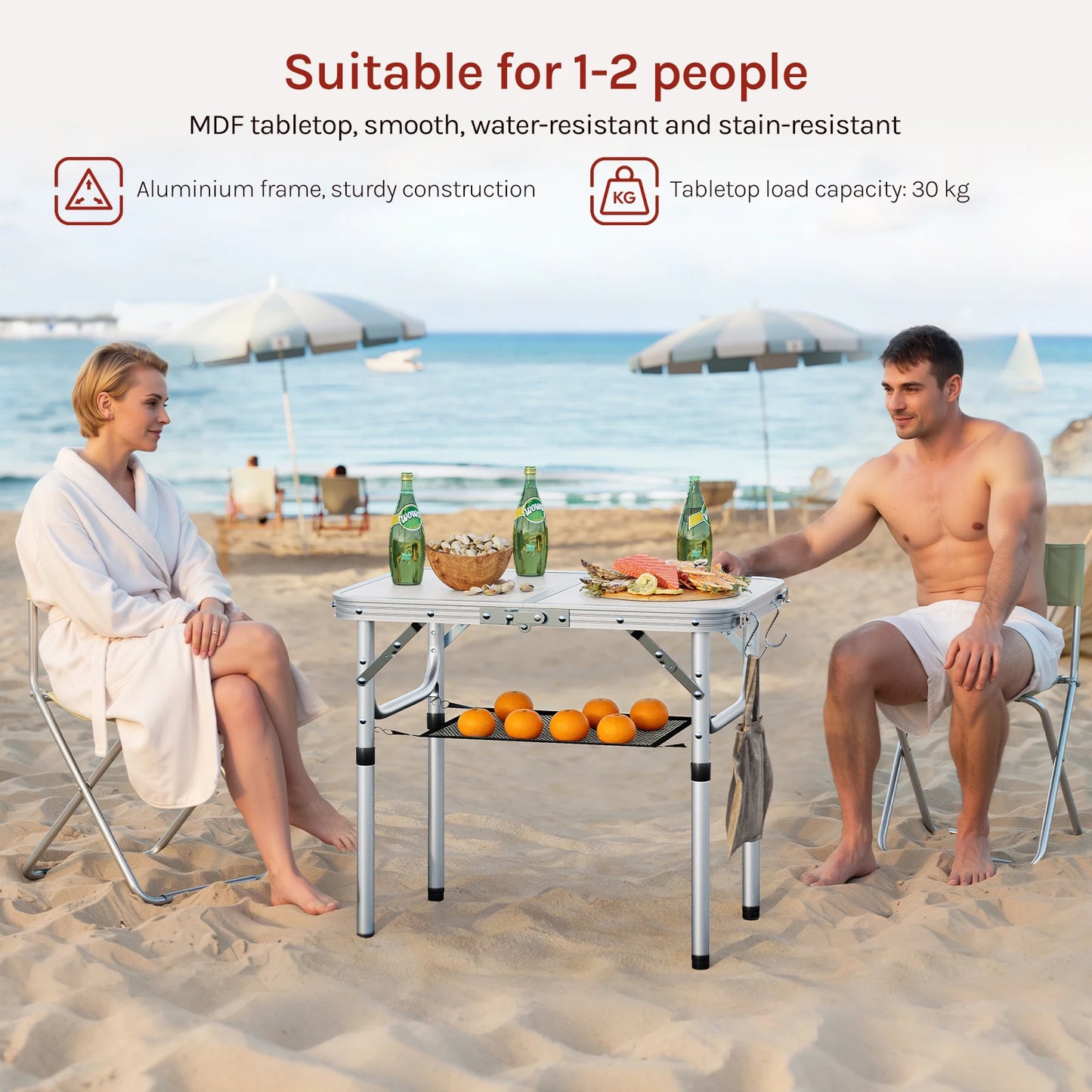 WOLTU Folding Table Height Adjustable Portable Table Top with Storage Net and Hooks for Picnic Garden Camping Outdoor