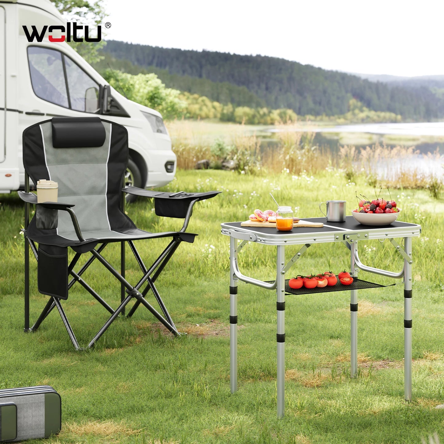 WOLTU Folding Table Height Adjustable Portable Table Top with Storage Net and Hooks for Picnic Garden Camping Outdoor