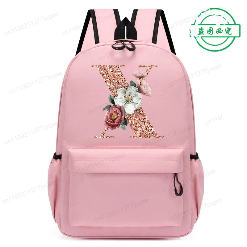 Cute Rose Gold Letter A~Z Kawaii Back To School Backpack for Girl Boy Children Rucksack Fashion Casual School Bags Birthday Gift
