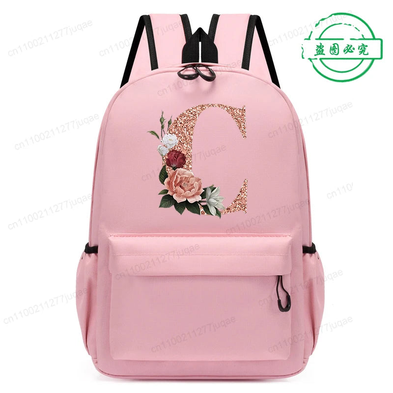 Cute Rose Gold Letter A~Z Kawaii Back To School Backpack for Girl Boy Children Rucksack Fashion Casual School Bags Birthday Gift