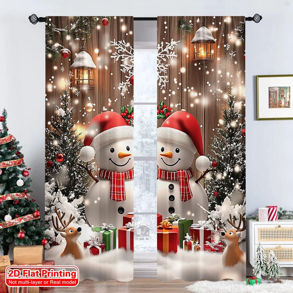 2Pcs Christmas Party Curtains - Winter Christmas, Rural Snowman - Polyester Fabric