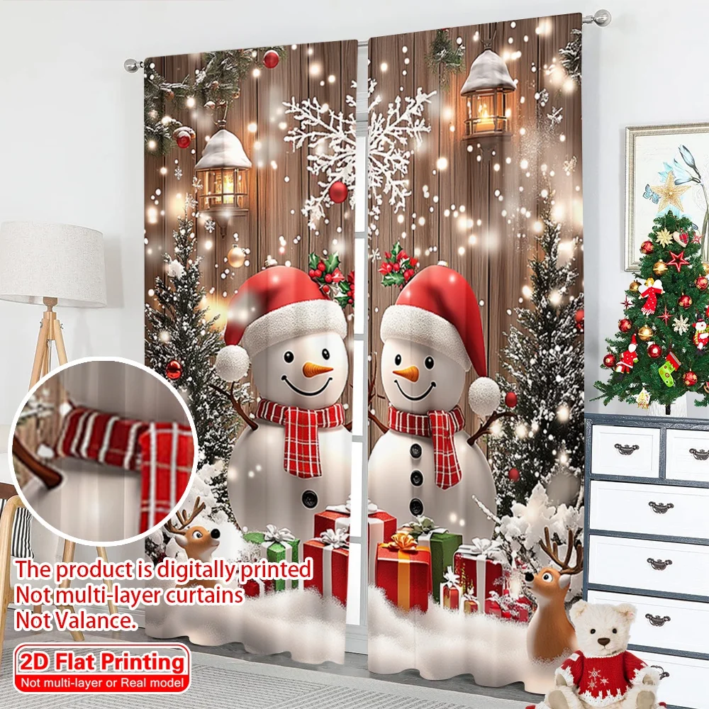 2Pcs Christmas Party Curtains - Winter Christmas, Rural Snowman - Polyester Fabric