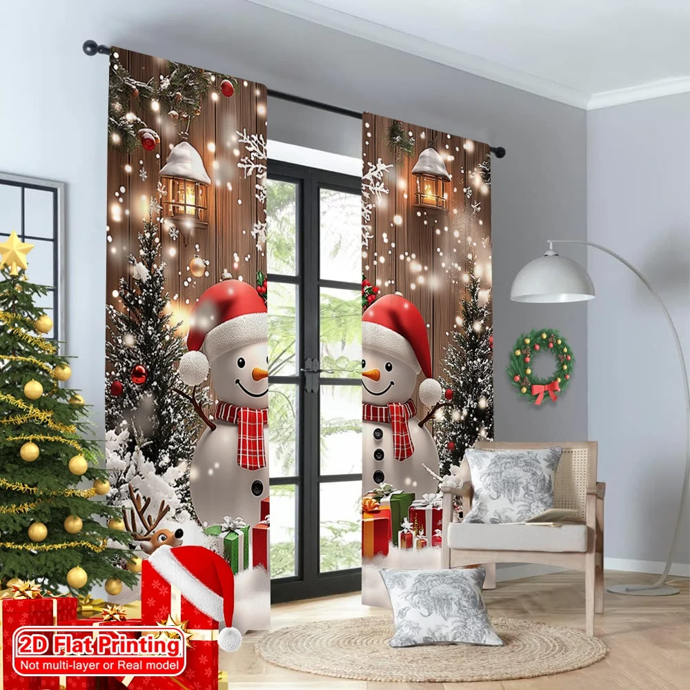 2Pcs Christmas Party Curtains - Winter Christmas, Rural Snowman - Polyester Fabric