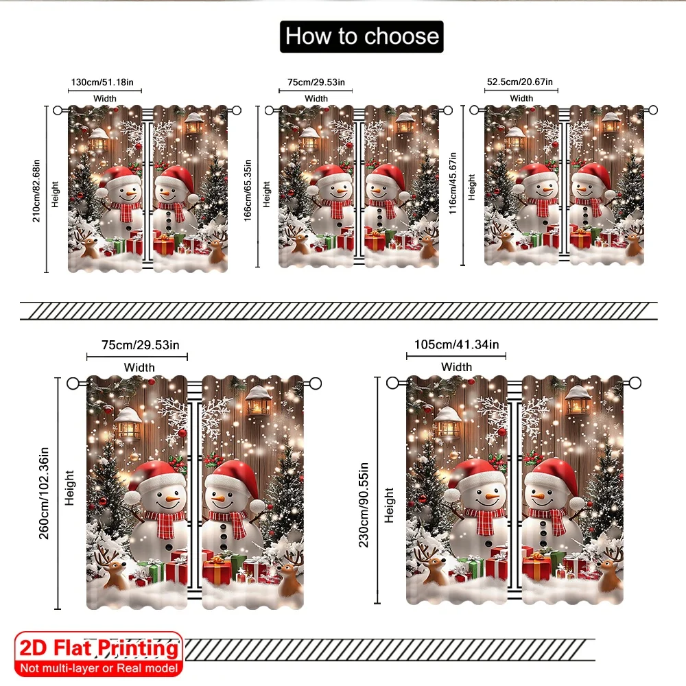 2Pcs Christmas Party Curtains - Winter Christmas, Rural Snowman - Polyester Fabric