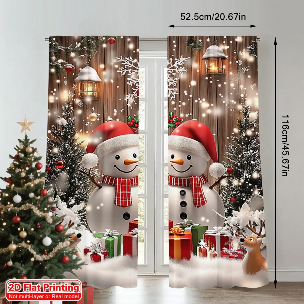 2Pcs Christmas Party Curtains - Winter Christmas, Rural Snowman - Polyester Fabric