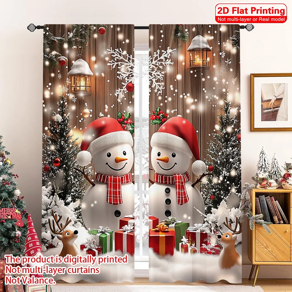 2Pcs Christmas Party Curtains - Winter Christmas, Rural Snowman - Polyester Fabric