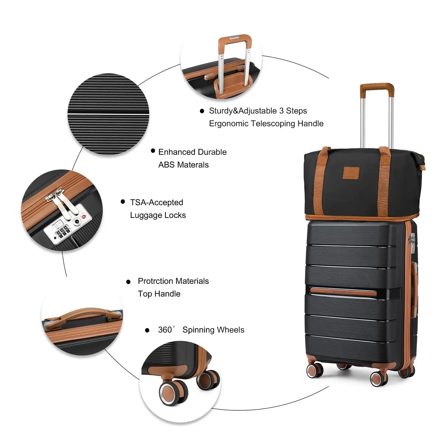 British Traveller Lightweight Hard Shell Luggage Set with TSA Lock, Spinner Wheels, 20" 24" 28" Travel Suitcases,Black