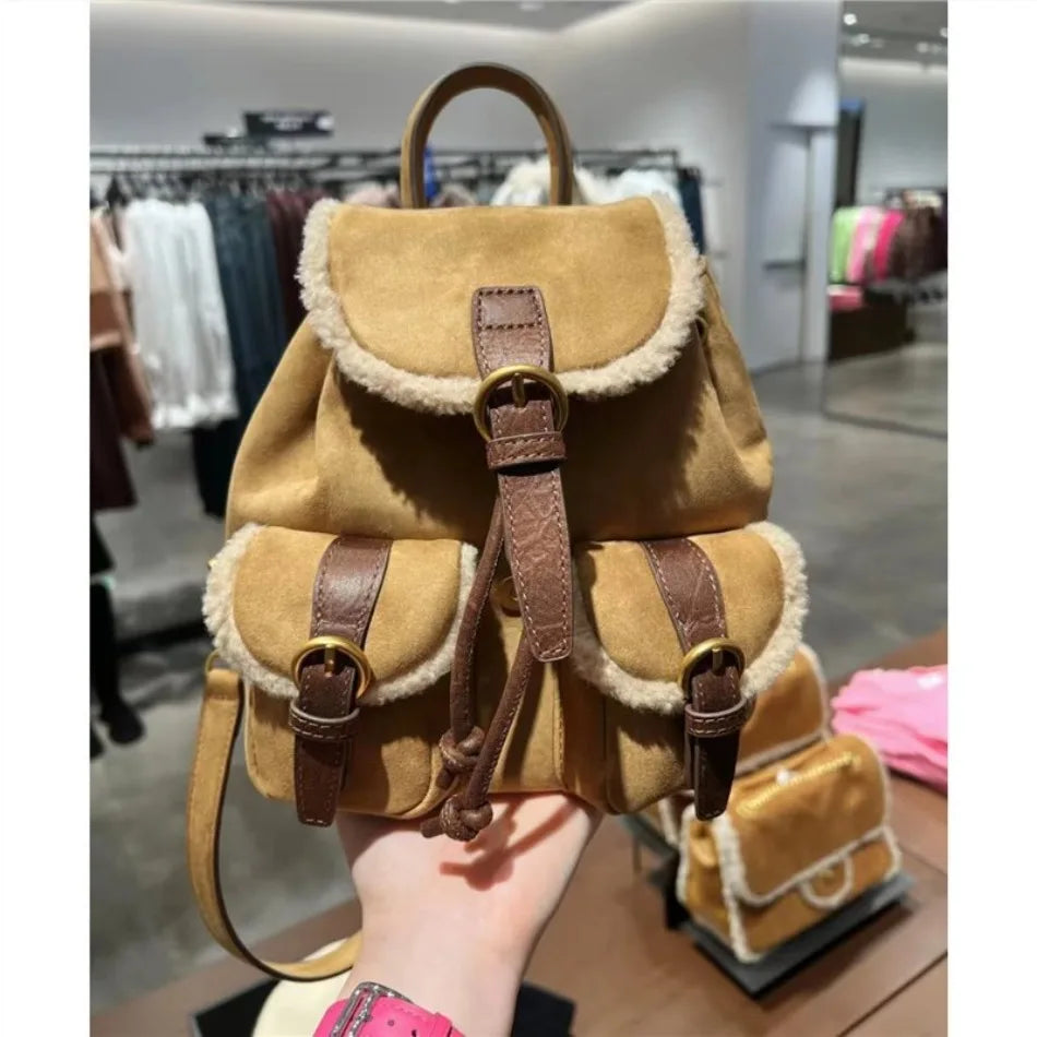 Retro Velvet Pocket Backpack Korean Indie Suede Casual Women’s Backpack New Autumn/Winter Style Versatile Patchwork School Bag
