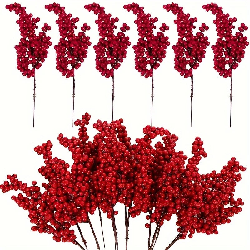 12PCS Set of Bright Red Artificial Christmas Tree Decoration Berries - DIY Holiday Decoration