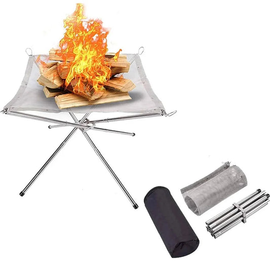Portable Outdoor BBQ Bonfire Rack, BBQ Fire Pit Grill, Stainless Steel Mesh Fire Pit Wood Stove Stand, Foldable Fire Frame Rack
