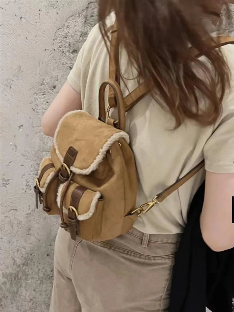 Retro Velvet Pocket Backpack Korean Indie Suede Casual Women’s Backpack New Autumn/Winter Style Versatile Patchwork School Bag