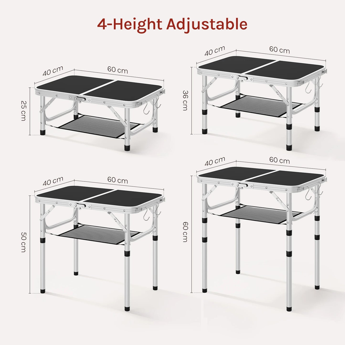 WOLTU Folding Table Height Adjustable Portable Table Top with Storage Net and Hooks for Picnic Garden Camping Outdoor