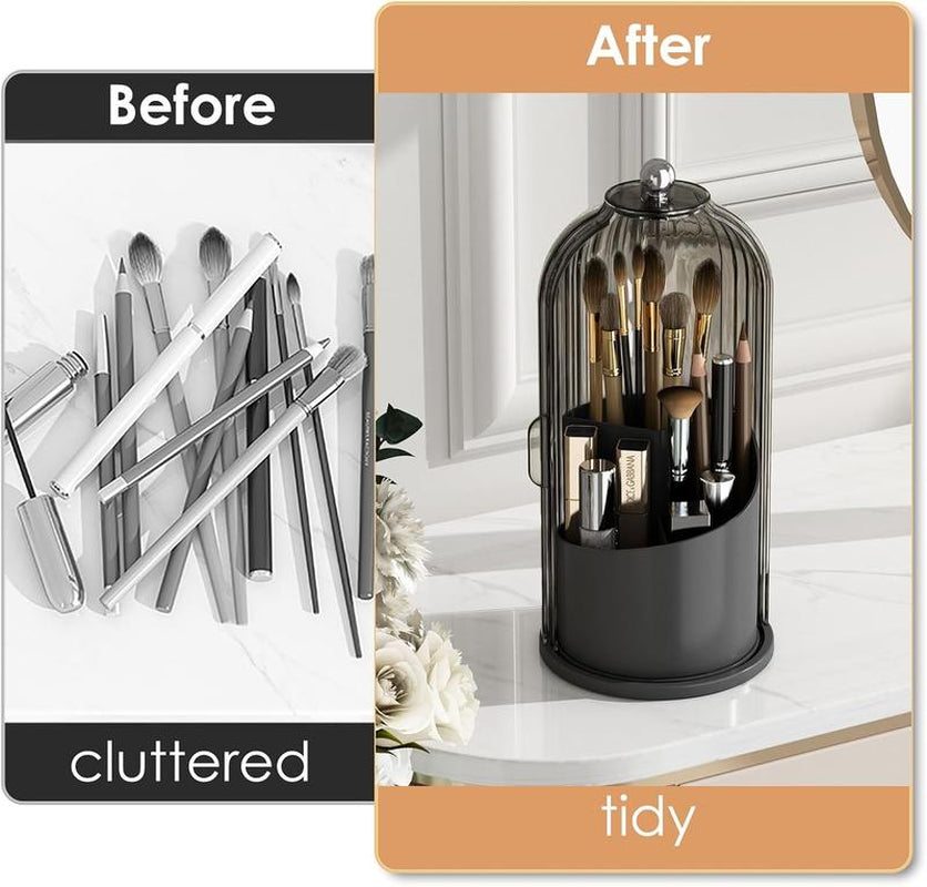 360° Rotating Makeup Brush Holder with Transparent Lid - Stylish Organizer for Vanity, Bathroom, and Desktop