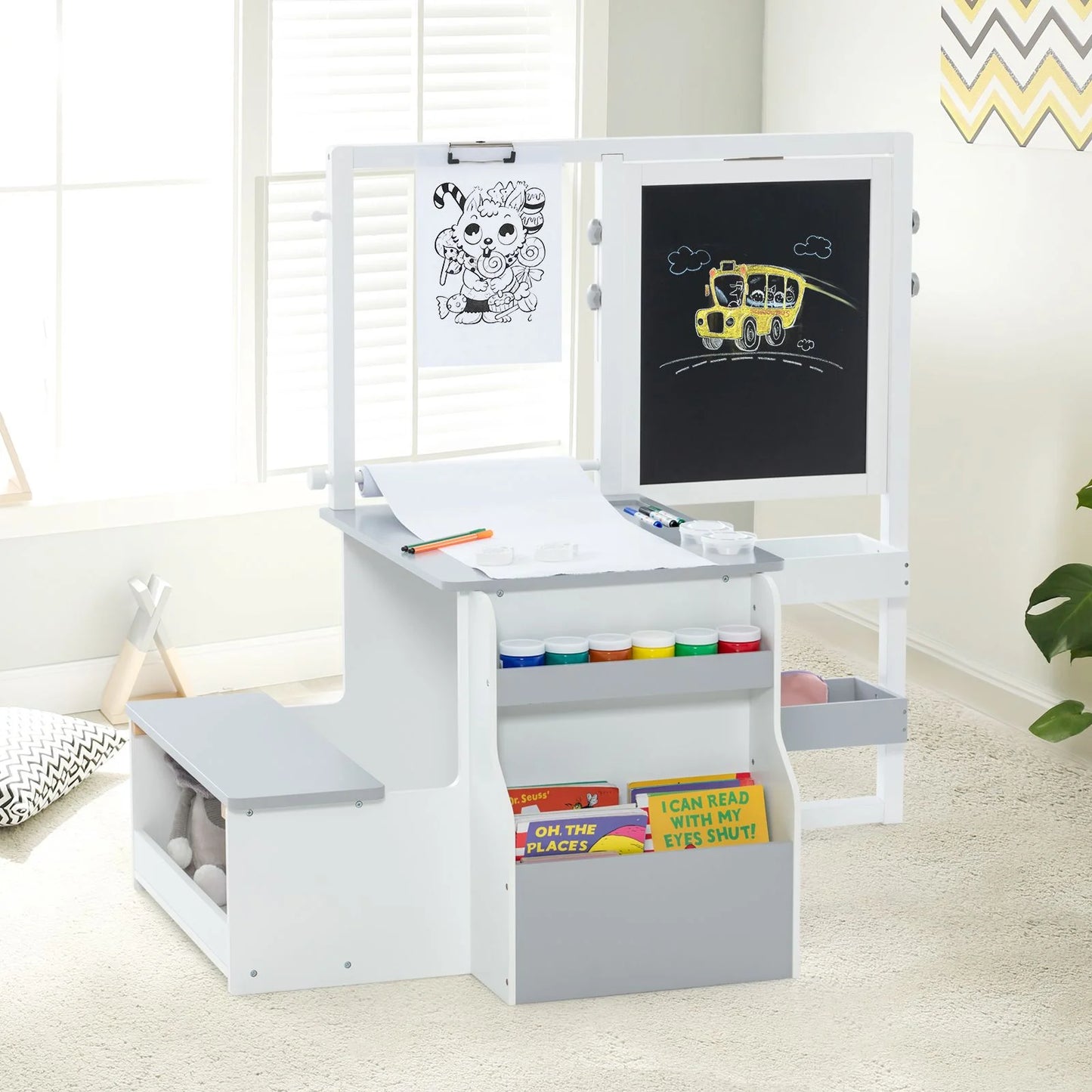 Delightful Children's Art Easel Table and Bench Set with Adjustable Easel and Integrated Bookshelf for Creative Play