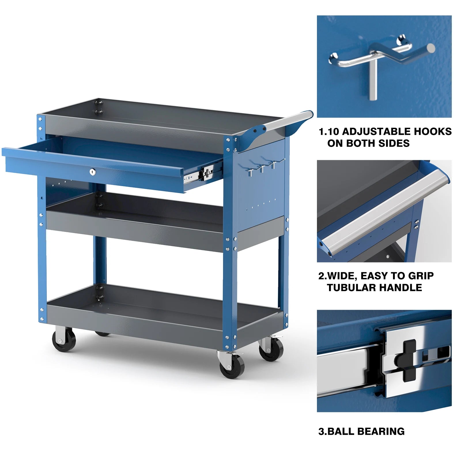Versatile AIRAJ 3-Tier Rolling Tool Cart with Drawers and Pegboard - Heavy-Duty Metal Utility Cart for Efficient Storage and Easy Mobility