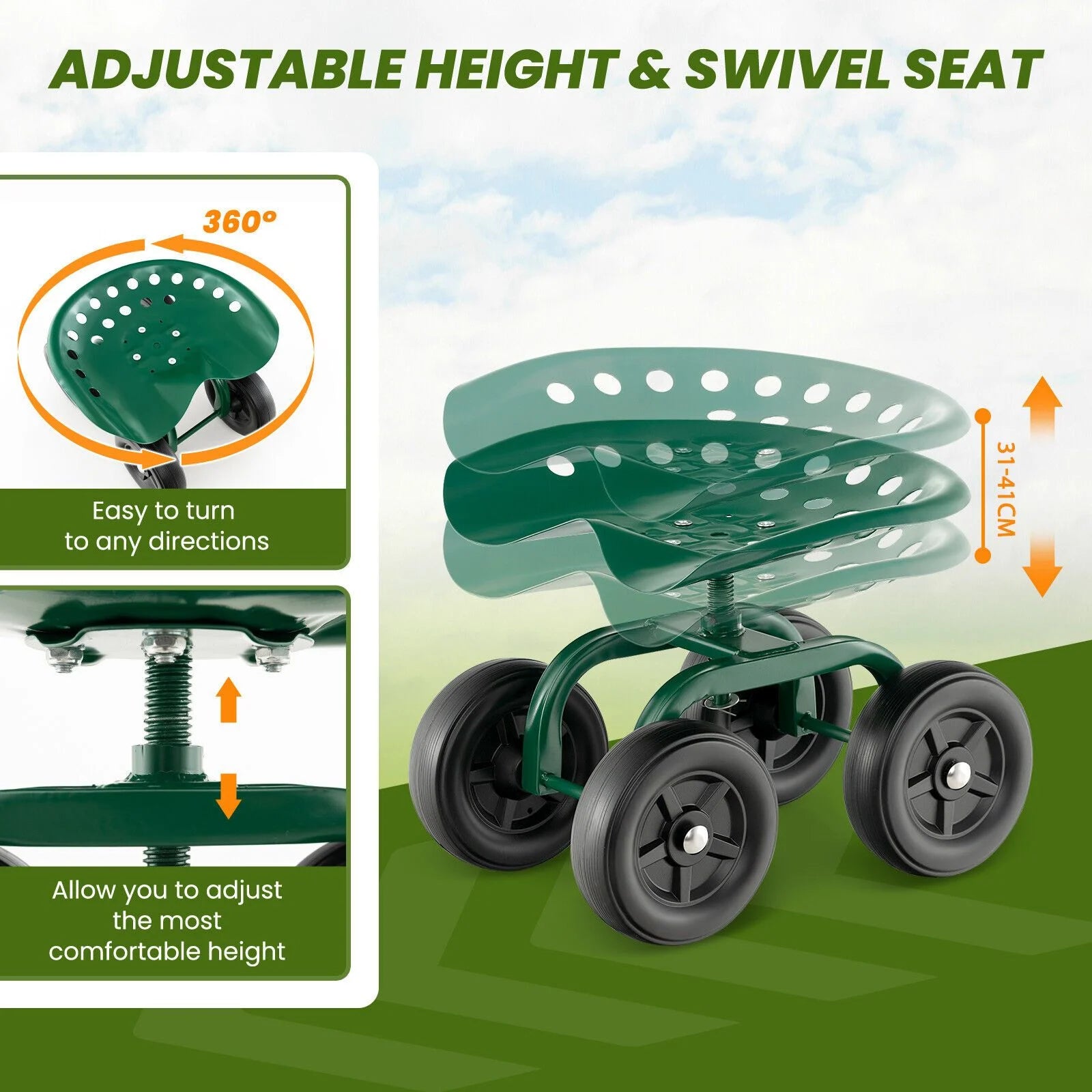 Garden Workseat with 360° Swivel Seat and Adjustable Height