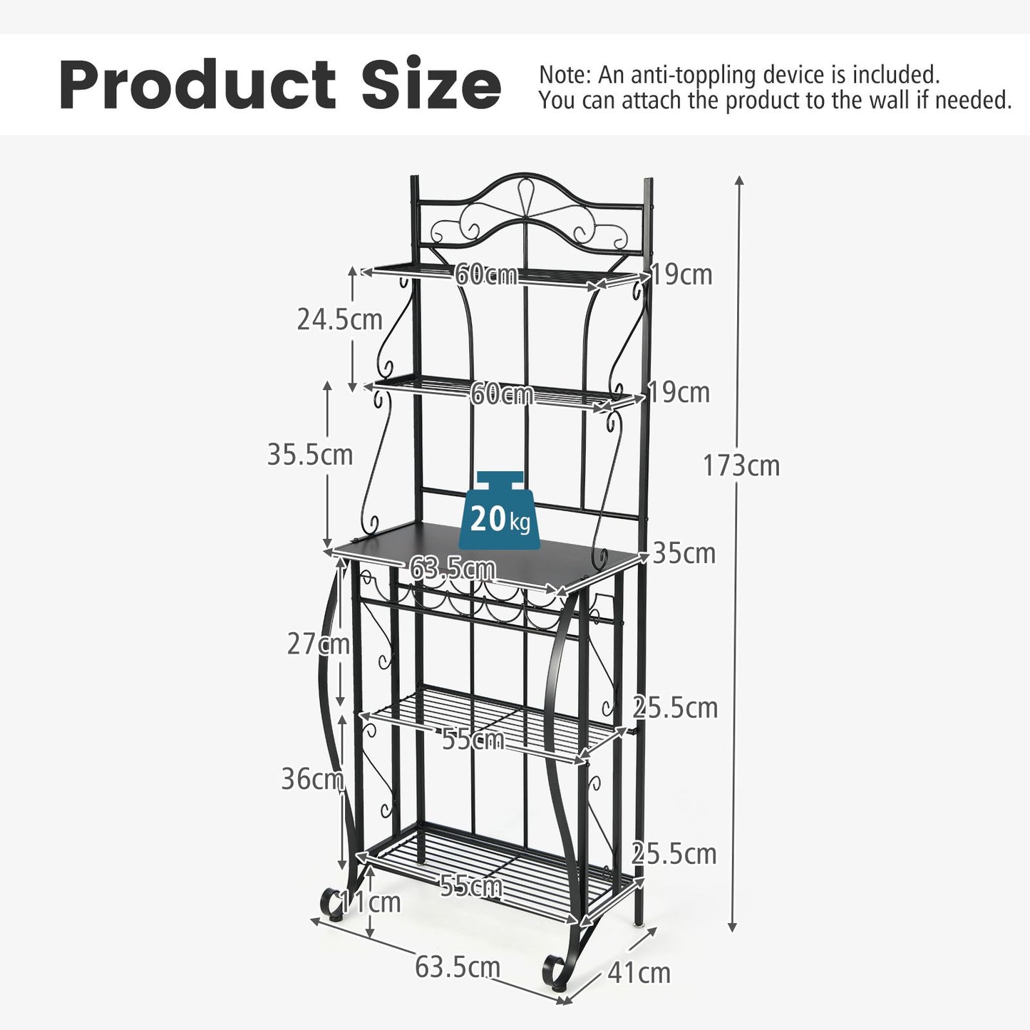 5-Tier Freestanding Baker's Rack with Integrated Wine Rack and Adjustable Feet