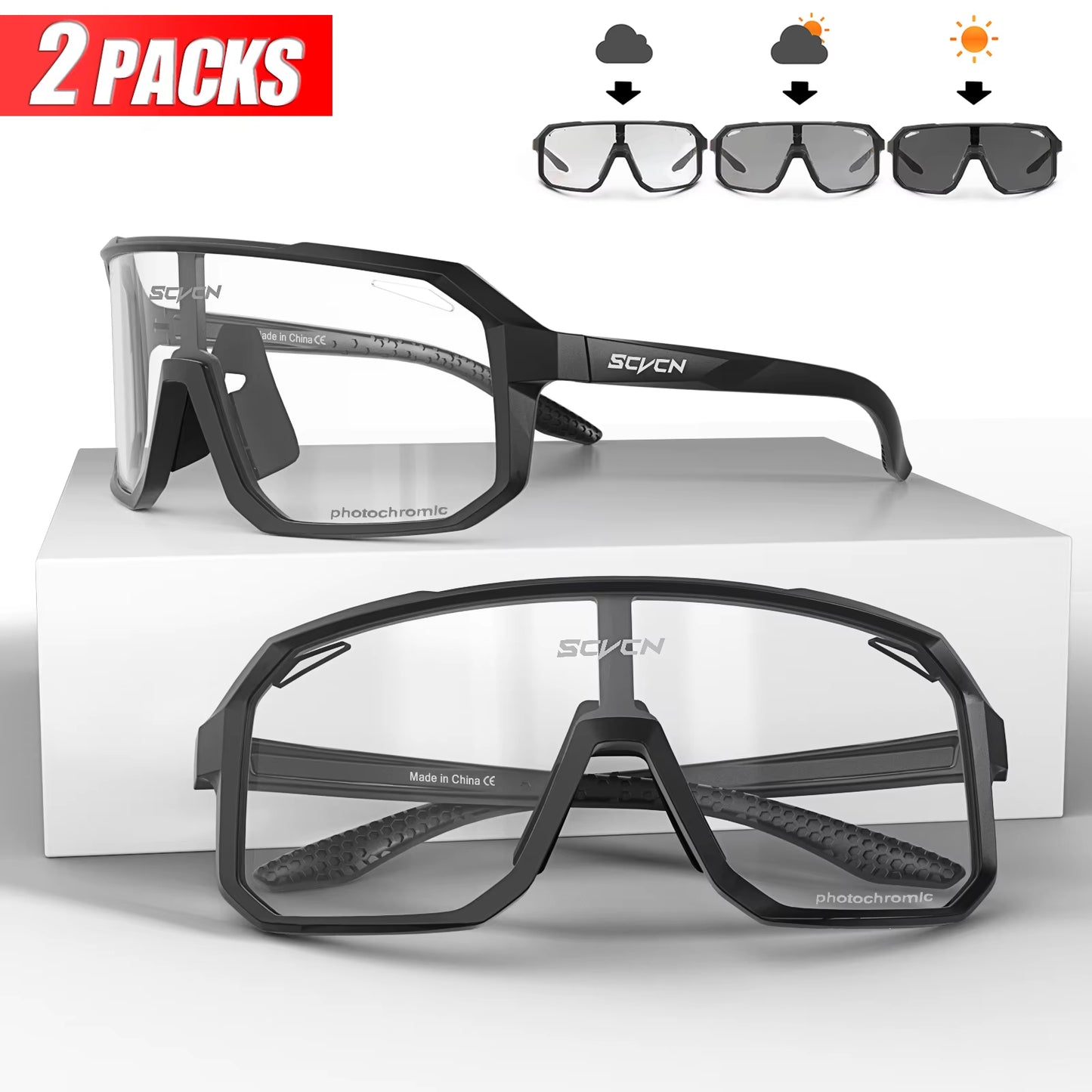 2 Packs Photochromic Riding Cycling Sunglasses Mtb Cycling Glasses Goggles Bicycle Mountain Bike Men'S Women Sport Eyewear