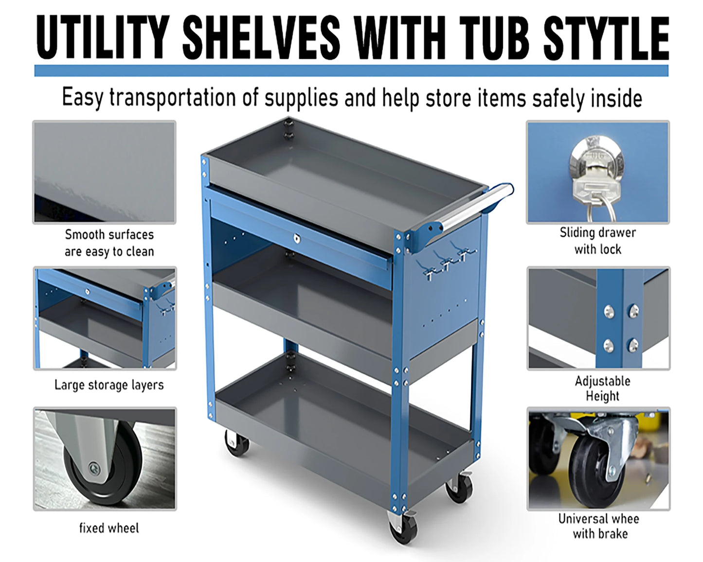 Versatile AIRAJ 3-Tier Rolling Tool Cart with Drawers and Pegboard - Heavy-Duty Metal Utility Cart for Efficient Storage and Easy Mobility