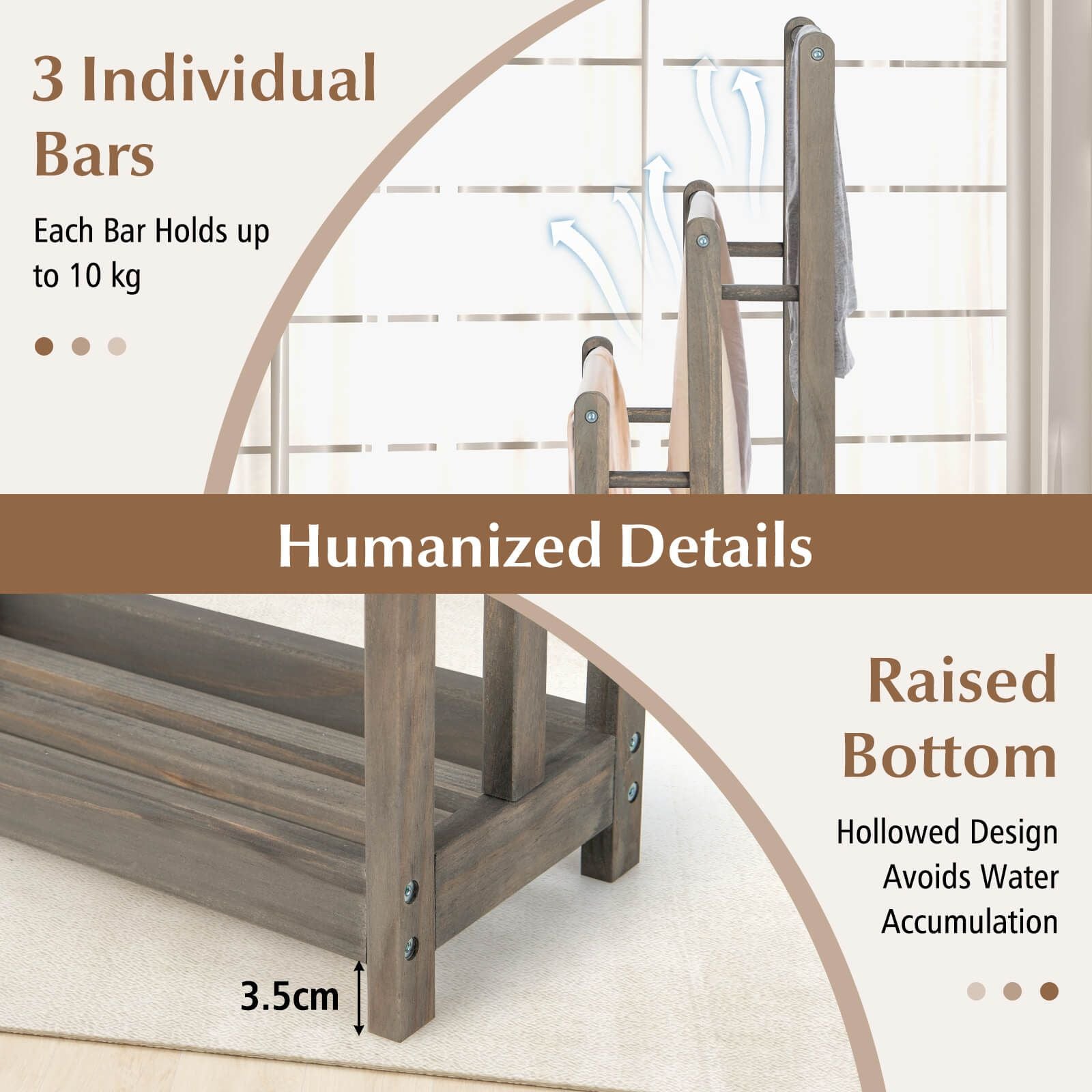 Freestanding Wood Towel Rack with 3 Individual Bars and Bottom Storage Shelf