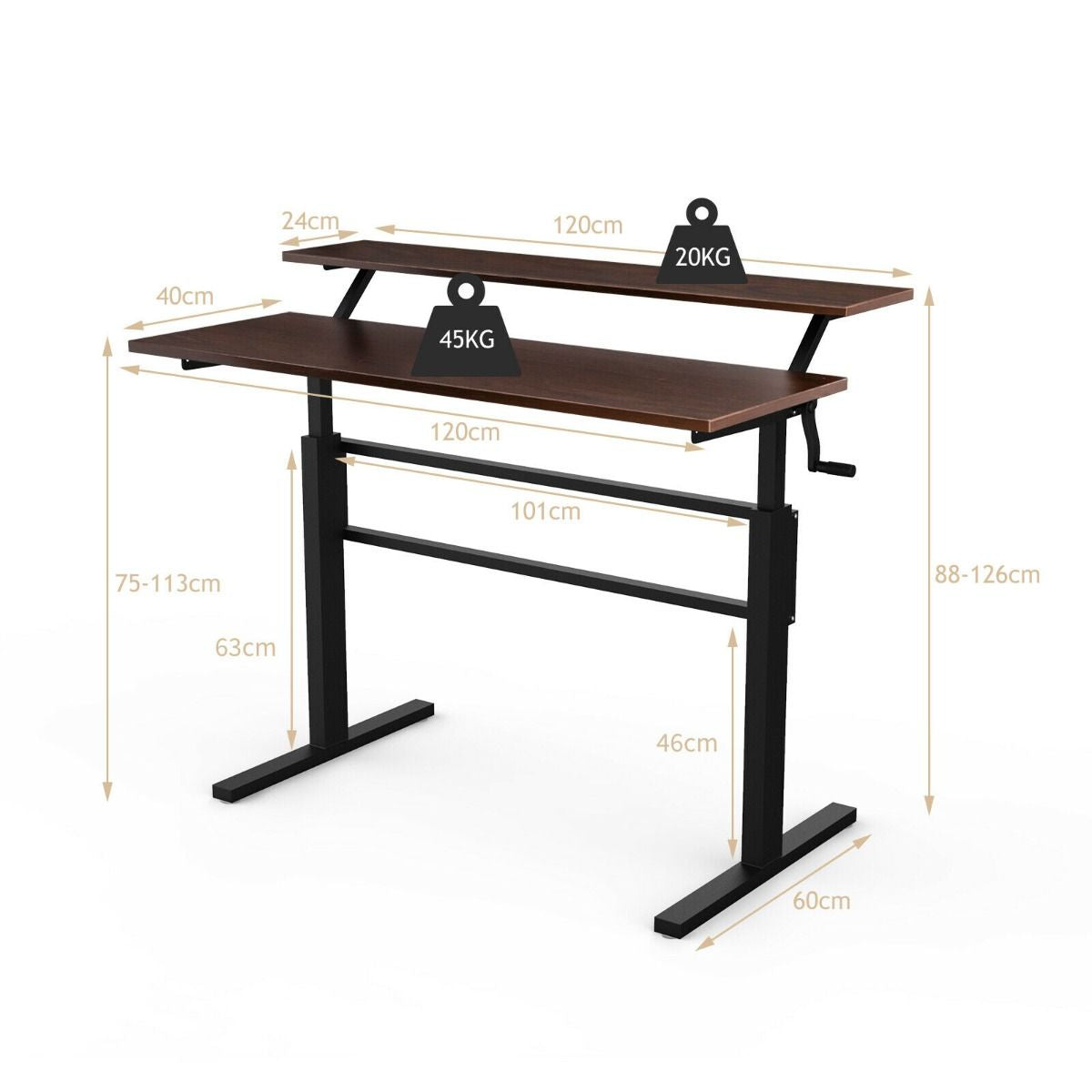 2-Tier Standing Desk with Adjustable Height and Crank Handle