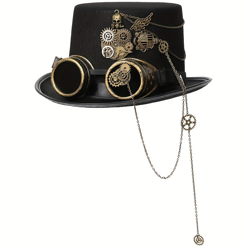 Heavy Metal Chain Teeth Skull Steampunk Hat with Detachable Goggles - Adjustable Unisex Gothic Victorian Accessory for Halloween, Cosplay & Role Play (22.83-23.23inch, Lightweight)