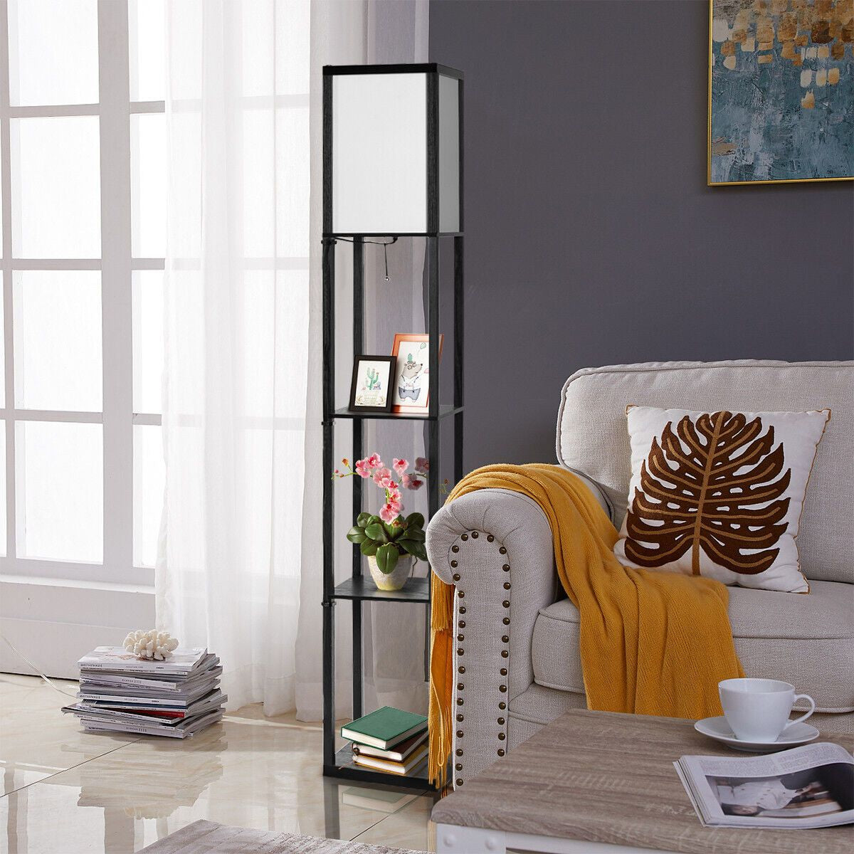 Freestanding Floor Lamp with Three-Tier Storage Shelf