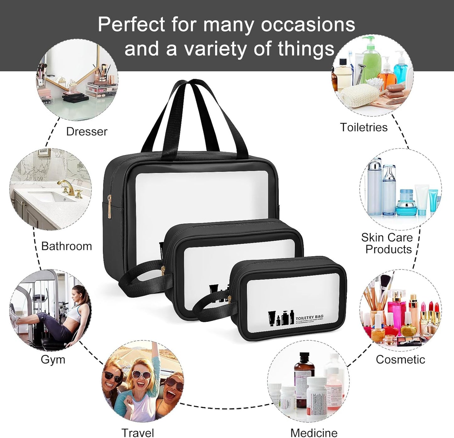 Stylish 3-Piece Waterproof Clear Travel Toiletry Bag Set - Durable PVC Makeup Bags with Zipper for Men and Women (Black)