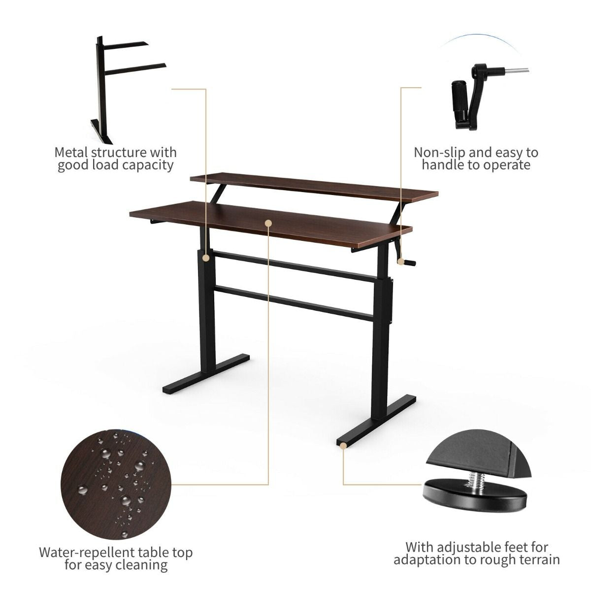 2-Tier Standing Desk with Adjustable Height and Crank Handle