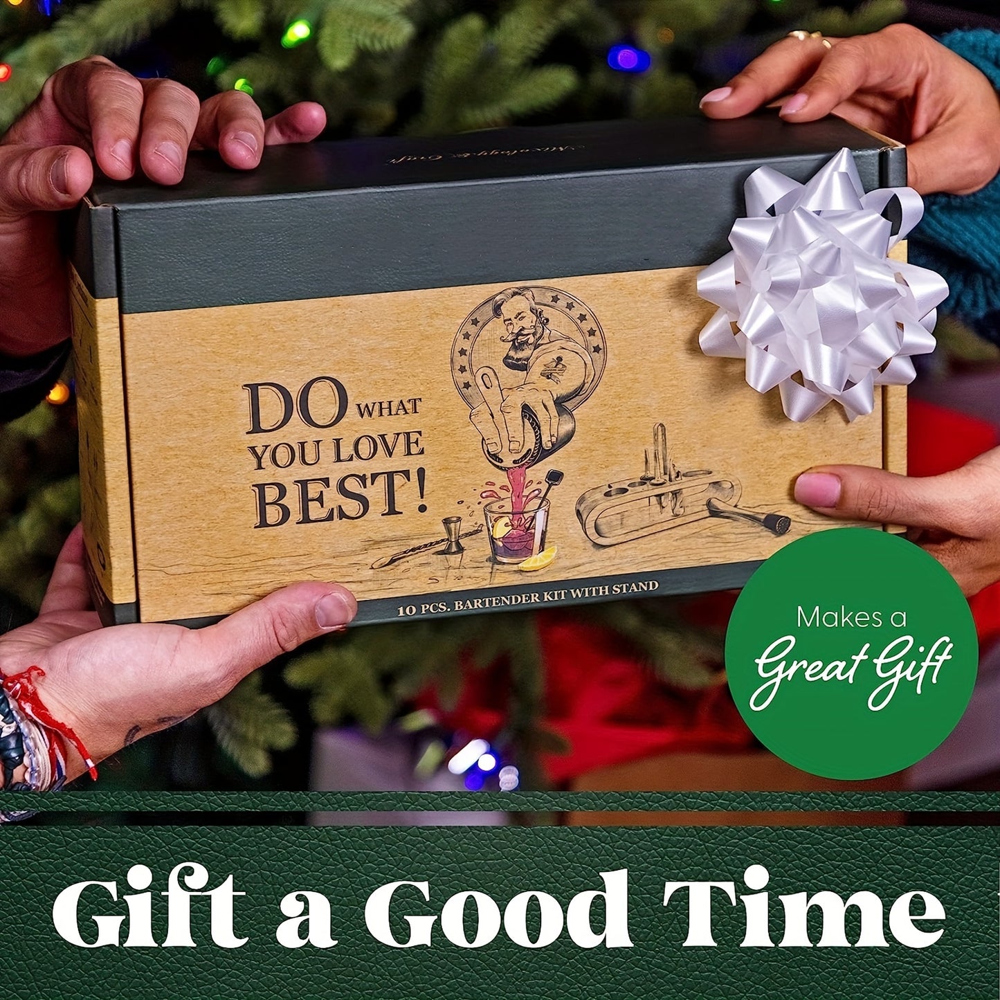 Heavy-Duty Stainless Cocktail Shaker Set & Bar Tools with Bamboo Stand