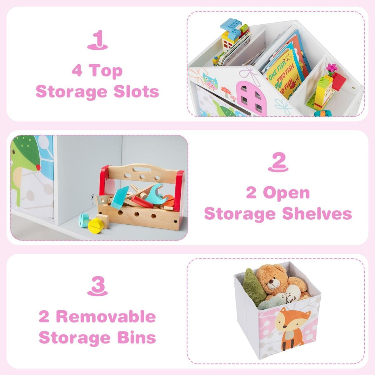 Children's House-Shaped Bookshelf with Two Storage Bins and Elevated Solid Wood Legs
