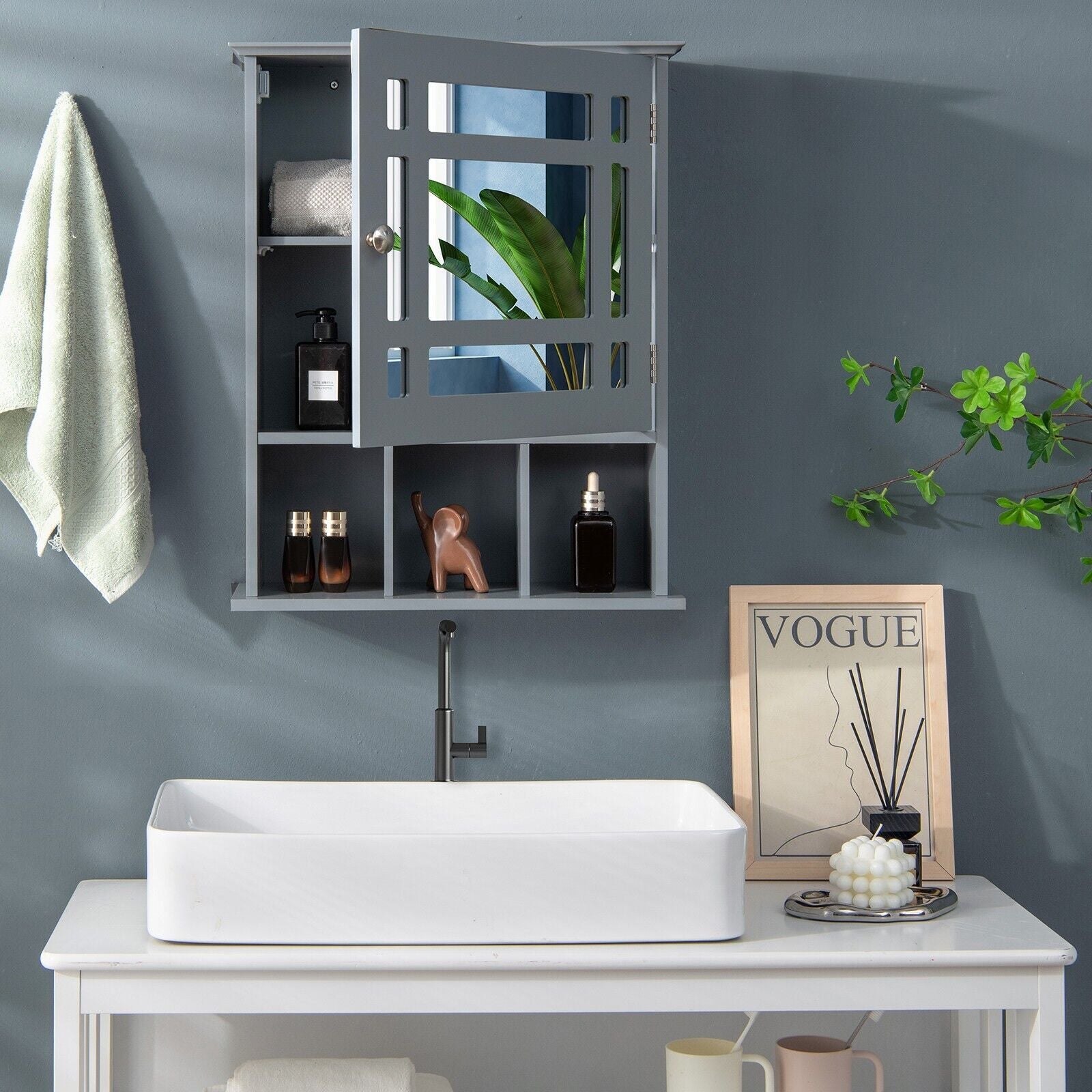 Mirror Door Bathroom Cabinet with Adjustable Shelf and 3 Compartments