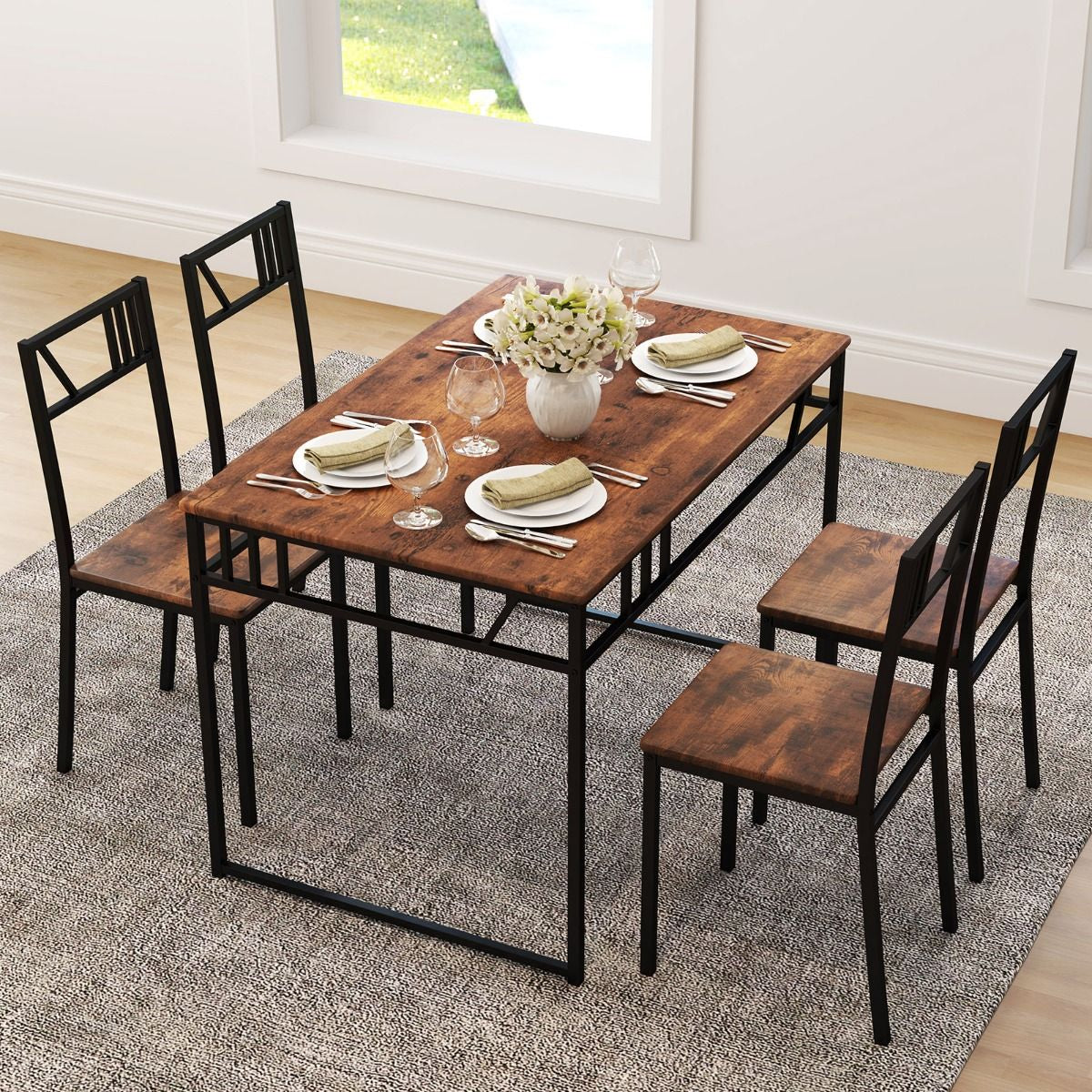 Industrial-Style Kitchen Table and 4 Chairs with Wood like Tabletop and Metal Frame