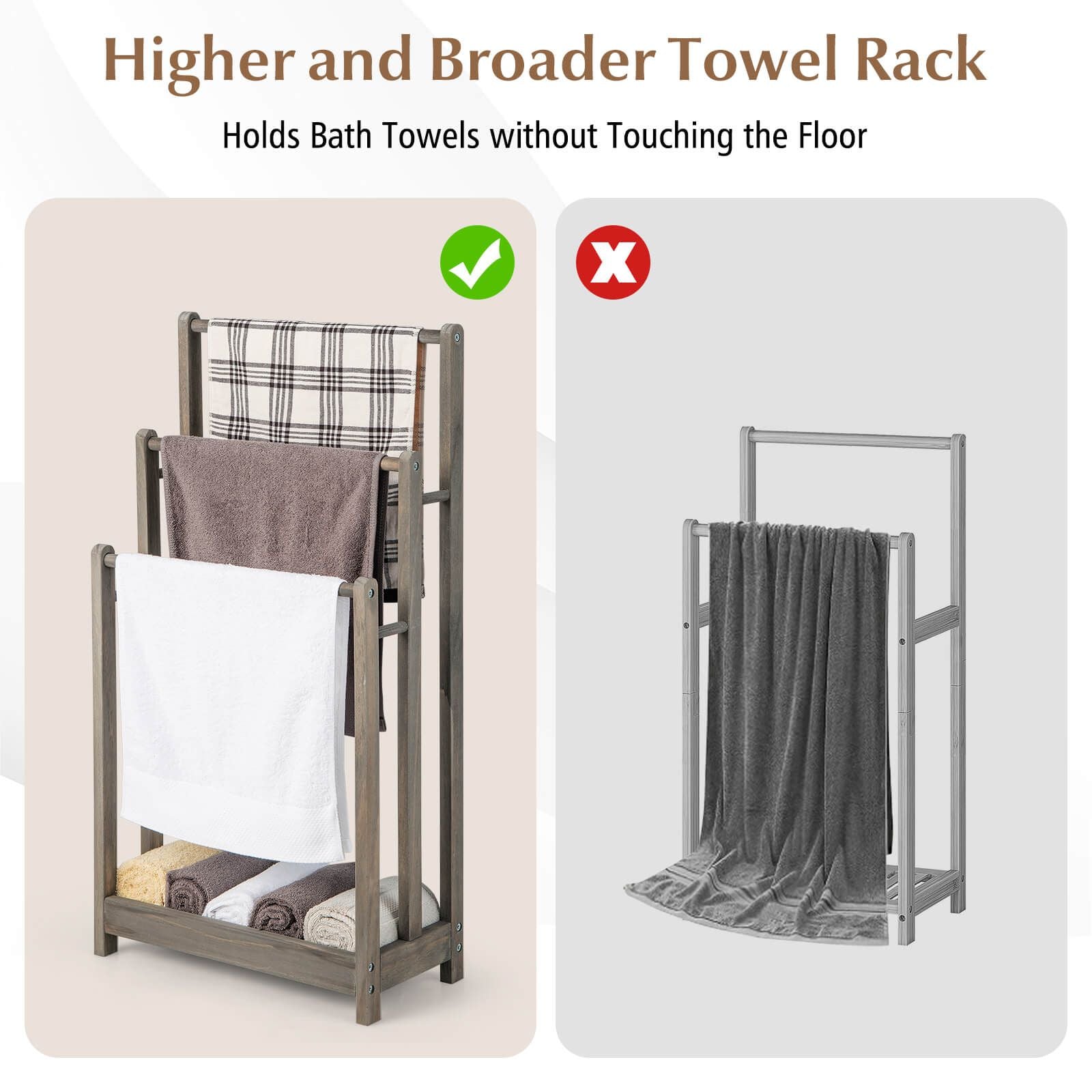 Freestanding Wood Towel Rack with 3 Individual Bars and Bottom Storage Shelf